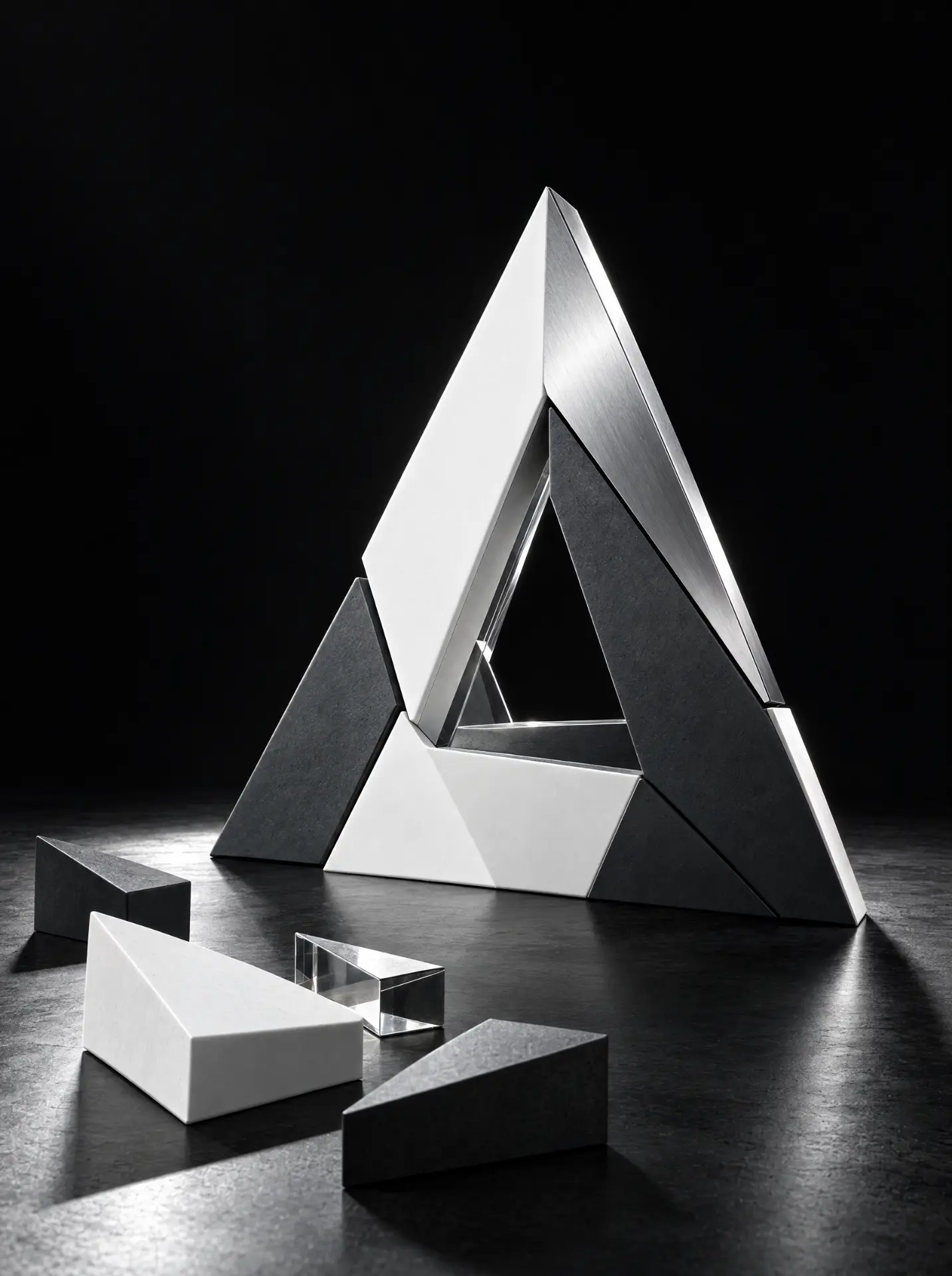 Angular sculptural form lit against a black background